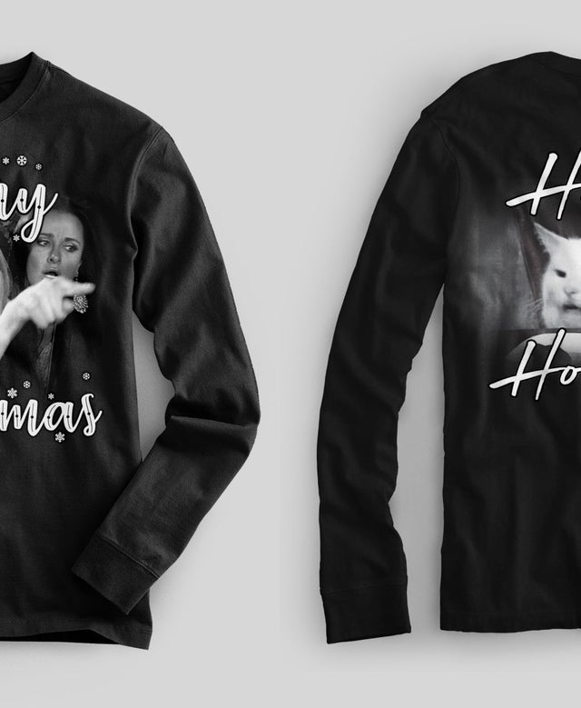 Yelling Woman Cat Meme Christmas Sweat Shirt - Front & Back